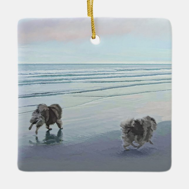 Keeshonds at the Seashore Painting Dog Art Ceramic Ornament (Front)