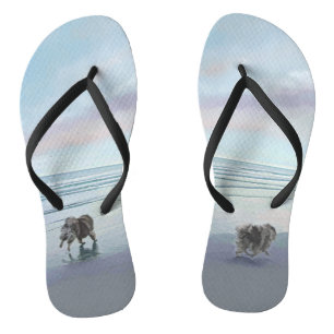Keeshonds at the Seashore Painting Dog Art Flip Flops