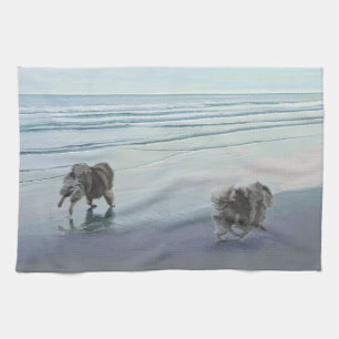 Keeshonds at the Seashore Painting Dog Art Kitchen Towel