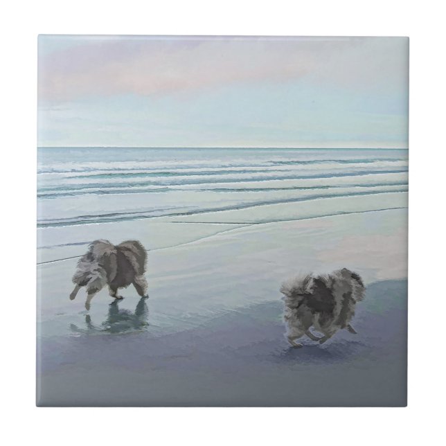 Keeshonds at the Seashore Painting Dog Art Tile (Front)