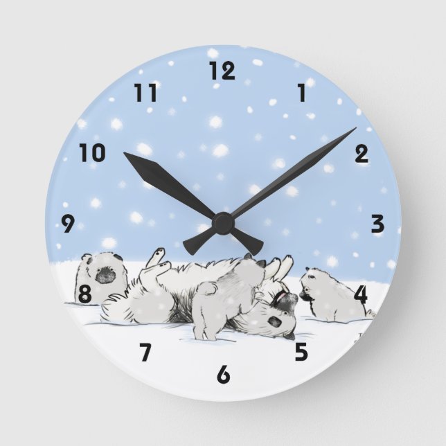 Keesie Snow Dogs - Happy Keeshond with Puppies Round Clock (Front)