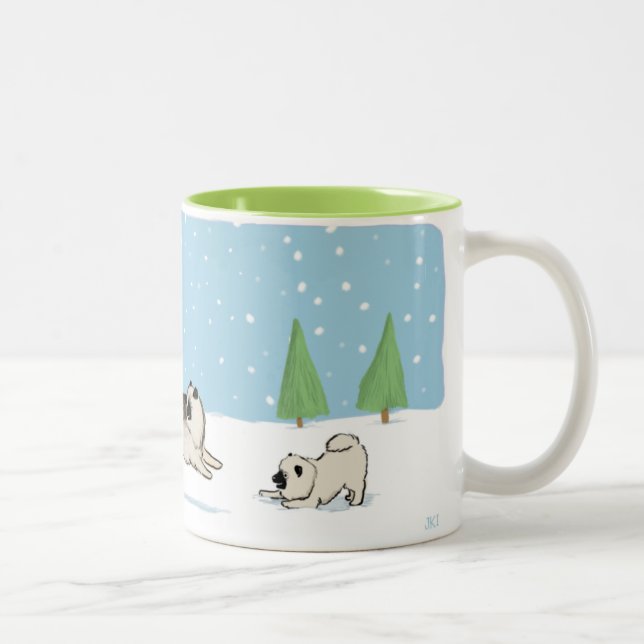 Keesies Playing in the Snow Keeshond Dogs Holiday Two-Tone Coffee Mug (Right)