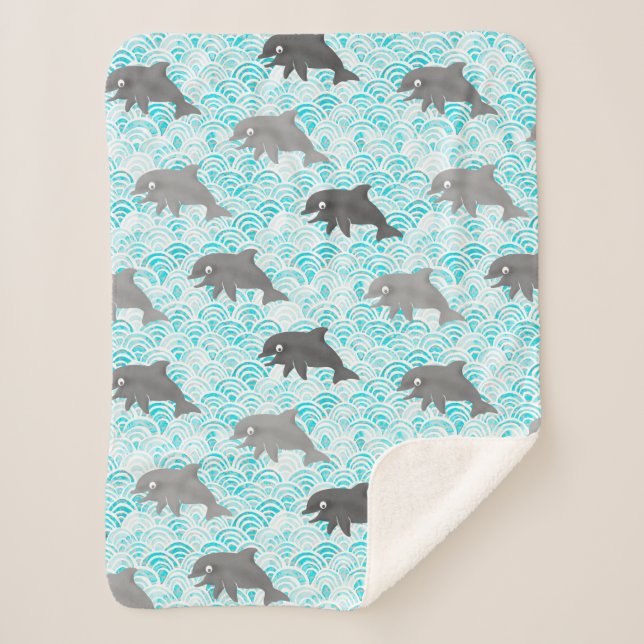 Keiki Watercolor Dolphin Wave Allover Sherpa Blanket (Front)