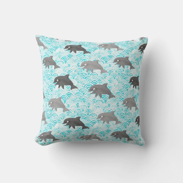 Keiki Watercolor Dolphin Wave And Plaid Reversible Throw Pillow (Front)