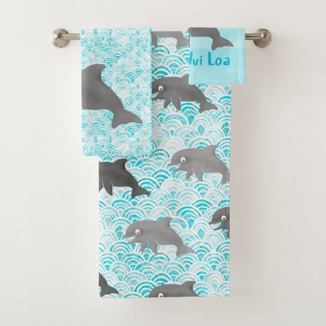 Keiki Watercolor Dolphin Wave Bath Towel Set (Insitu)