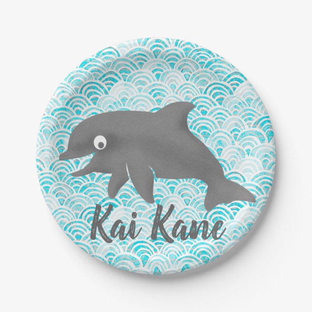 Keiki Watercolor Dolphin Wave Paper Plate (Front)