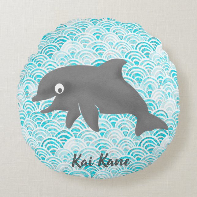 Keiki Watercolor Dolphin Wave Reversible Round Pillow (Front)