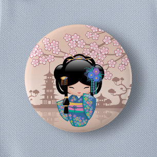 Keiko Kokeshi Doll - Blue Kimono Geisha Girl 2 Inch Round Button