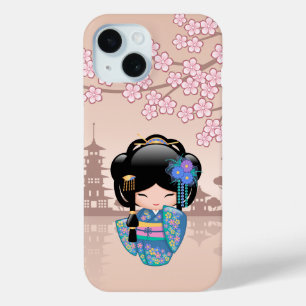 Keiko Kokeshi Doll - Blue Kimono Geisha Girl iPhone 15 Case