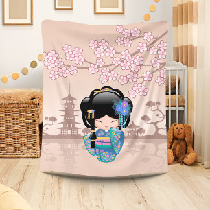 Keiko Kokeshi Doll - Blue Kimono Geisha Girl Fleece Blanket