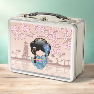 Keiko Kokeshi Doll - Blue Kimono Geisha Girl Metal Lunch Box