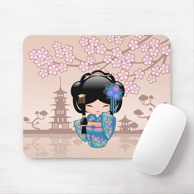 Keiko Kokeshi Doll - Blue Kimono Geisha Girl Mouse Pad (With Mouse)