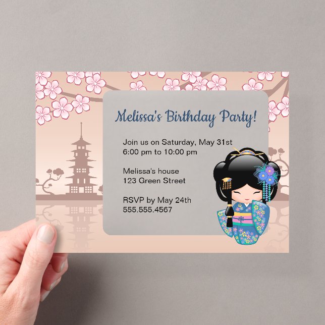 Keiko Kokeshi Transparent Window Birthday Beige Acrylic Invitations (Insitu (Handheld))