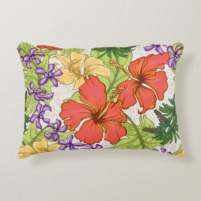 Keleah Tropical Hawaiian Hibiscus and Orchids Accent Pillow (Front)