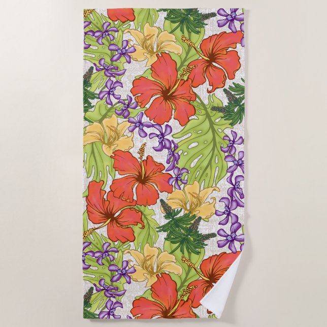 Keleah Tropical Hawaiian Hibiscus and Orchids Beach Towel (Front)