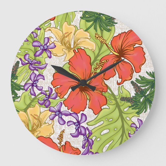 Keleah Tropical Hawaiian Hibiscus and Orchids Large Clock (Front)