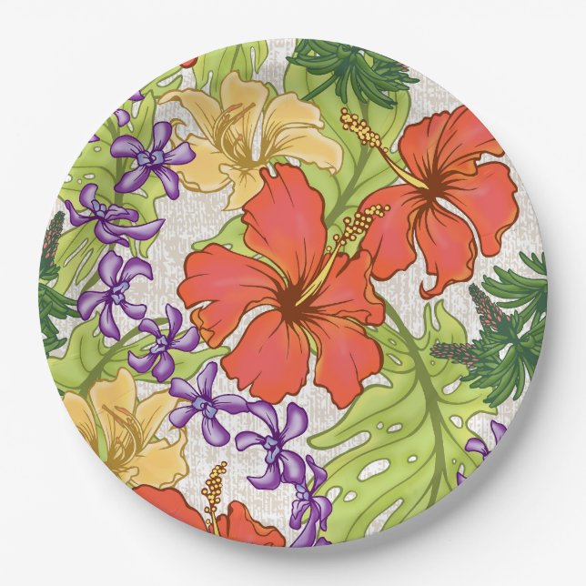Keleah Tropical Hawaiian Hibiscus and Orchids Paper Plate (Front)
