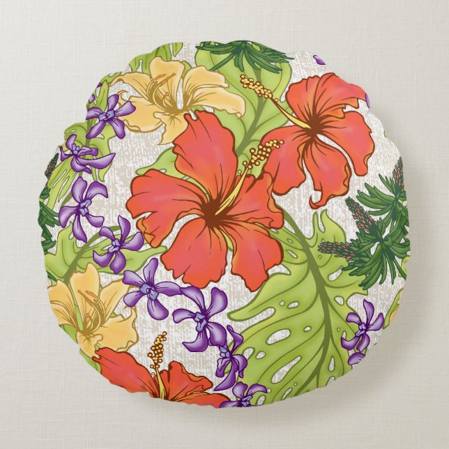 Keleah Tropical Hawaiian Hibiscus and Orchids Round Pillow (Front)