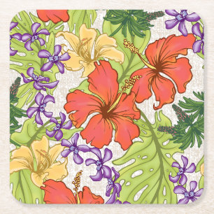 Keleah Tropical Hawaiian Hibiscus and Orchids Square Paper Coaster