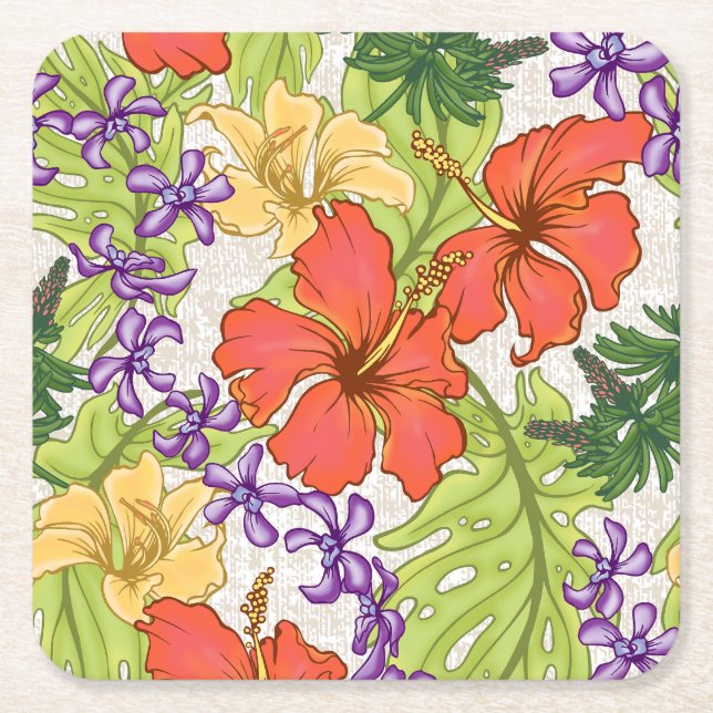Keleah Tropical Hawaiian Hibiscus and Orchids Square Paper Coaster (Front)