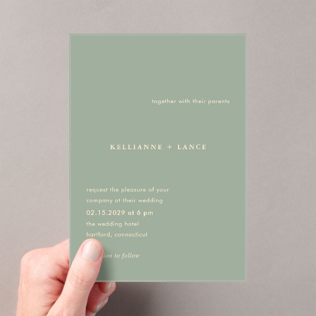 Kellianne Sage Green Modern Wedding Acrylic Invitations (Insitu (Handheld))