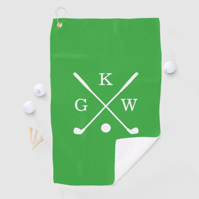 Kelly Green and White Golf Clubs Monogram Golf Towel (InSitu)