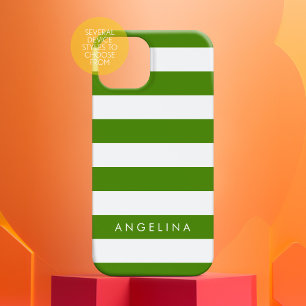 Kelly Green and White Striped Pattern Custom Name iPhone 15 Case