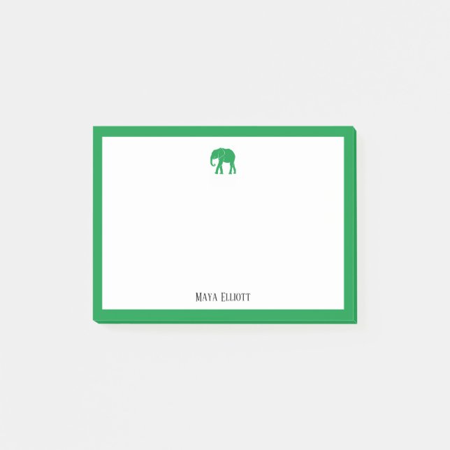 Kelly Green Elephant and Border on White with Name Post-it Notes (Front)