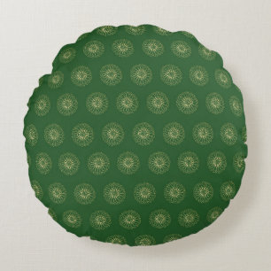 Kelly Green Golden Zinnia Flower Medallions Round Pillow