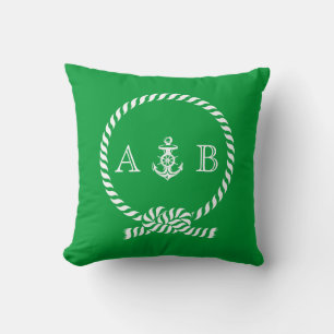 Kelly Green Nautical Rope and Anchor Monogram Throw Pillow
