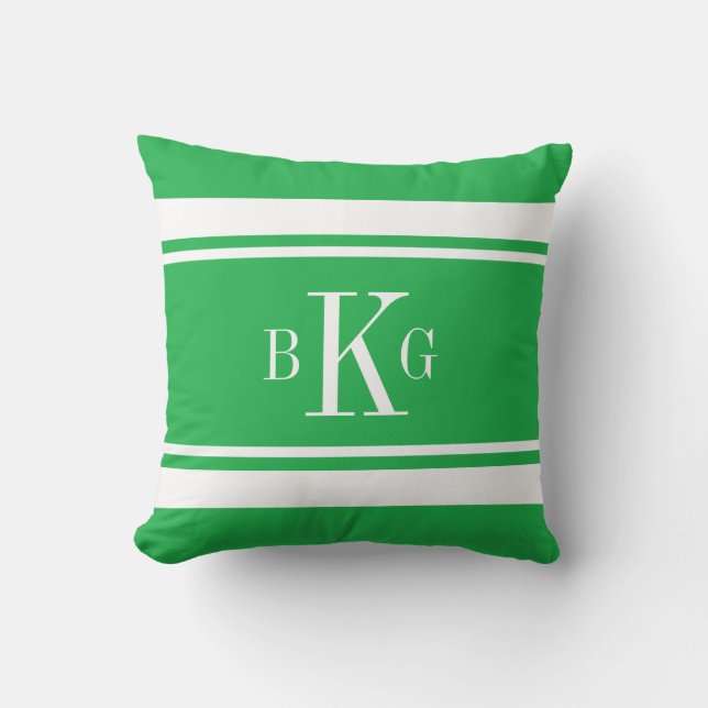 Kelly Green Nautical Stripes Custom Monogram Throw Pillow (Front)