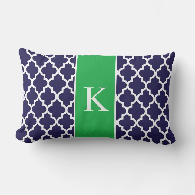 Kelly Green Navy Blue Moroccan Custom Monogram Lumbar Pillow (Front)