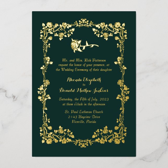 Kelly Green Ornate Rose Border  Foil Invitation (Front)