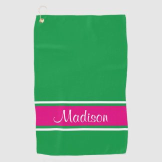 Kelly Green Pink Stripe Script Name Golf Towel