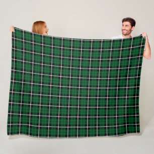 Kelly green plaid black white stipe tartan fleece blanket