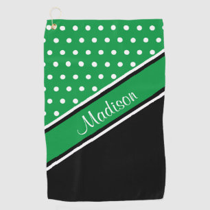Kelly Green Polka Dot Black Diagonal Script Name Golf Towel