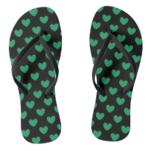 Kelly green polka hearts on black flip flops
