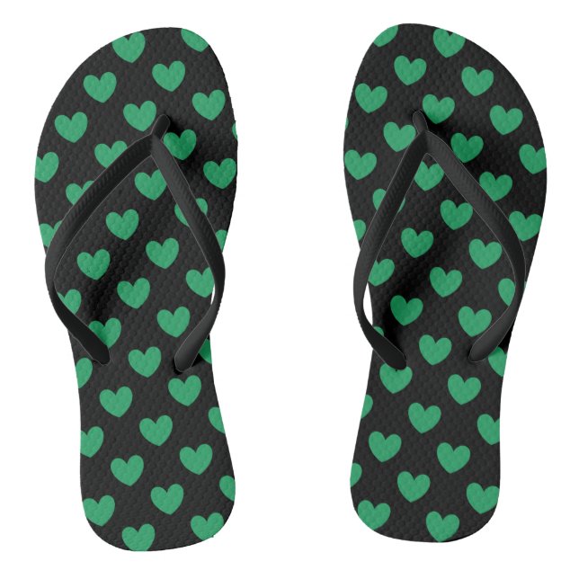 Kelly green polka hearts on black flip flops (Footbed)