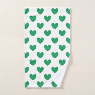 Kelly green polka hearts on white hand towel