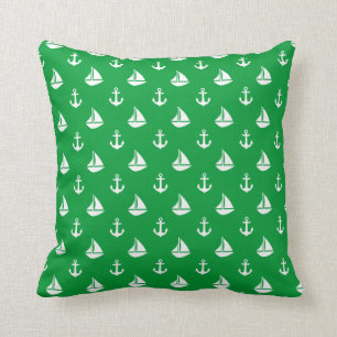 Kelly Green Sailboats and Anchors Pattern Throw Pillow