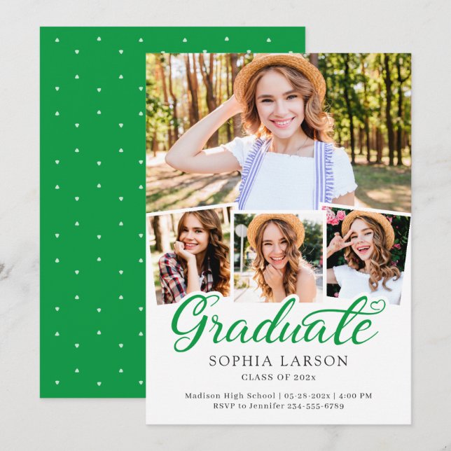 Kelly Green Script 4 Photo Collage Graduation Announcement (Front/Back)