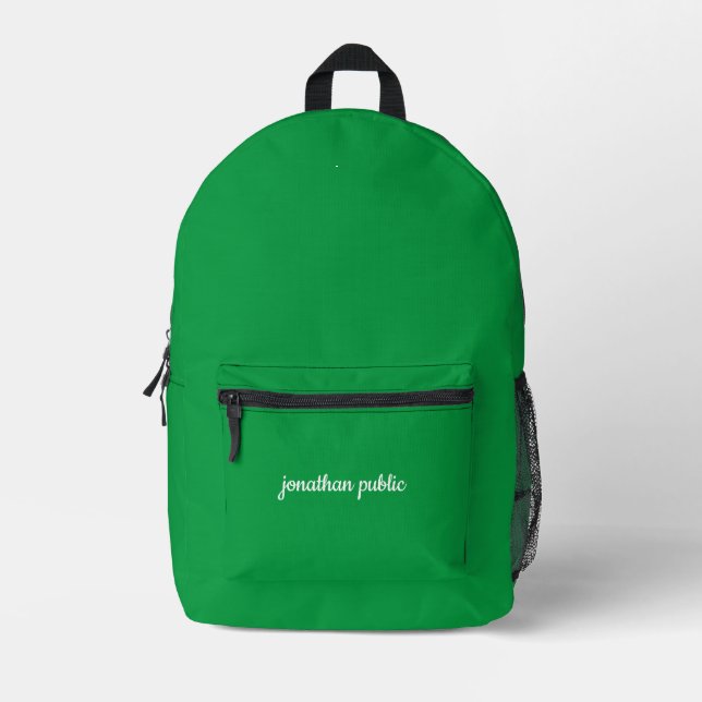Kelly Green Solid Colour Elegant Calligraphy Name Printed Backpack (Front)