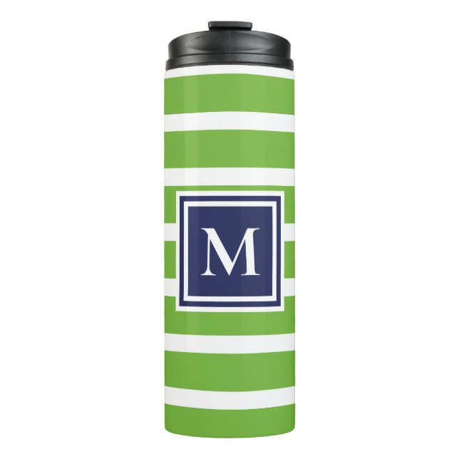 Kelly Green Stripe Navy Modern Monogram Coastal Thermal Tumbler (Front)
