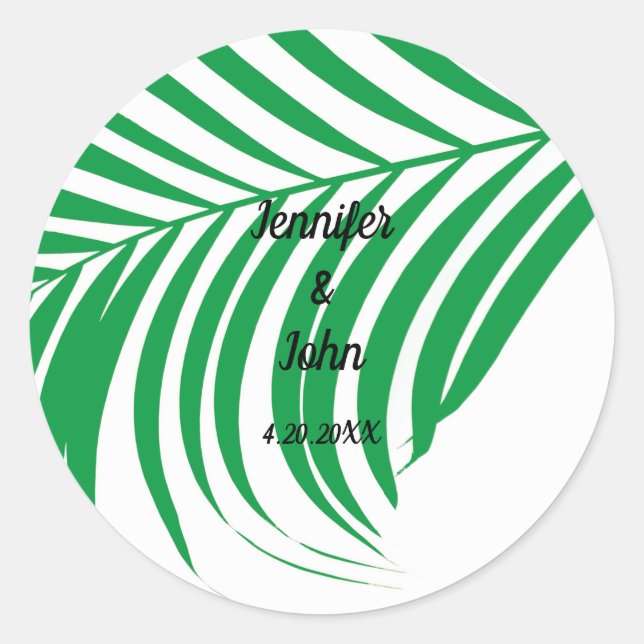 Kelly Green Tropical Palm Tree Leaf Cute Wedding Classic Round Sticker (Front)