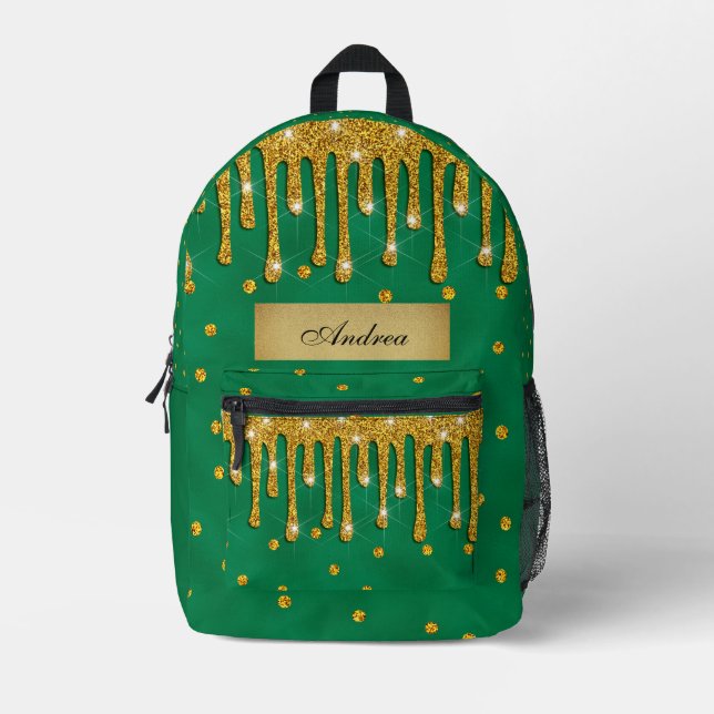  Kelly Green With Gold Glitter Drips-Personalized Printed Backpack (Front)