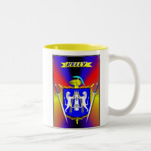 KELLY IRISH FAMILY HERALDIC SHIELD AND CREST Two-Tone COFFEE MUG
