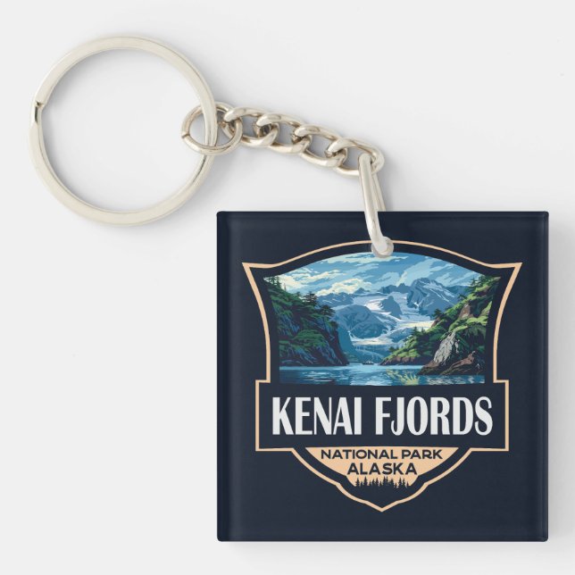 Kenai Fjords National Park Illustration Retro Art Keychain (Front)