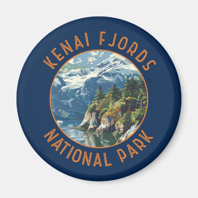 Kenai Fjords National Park Retro Distressed Circle Magnet (Front)