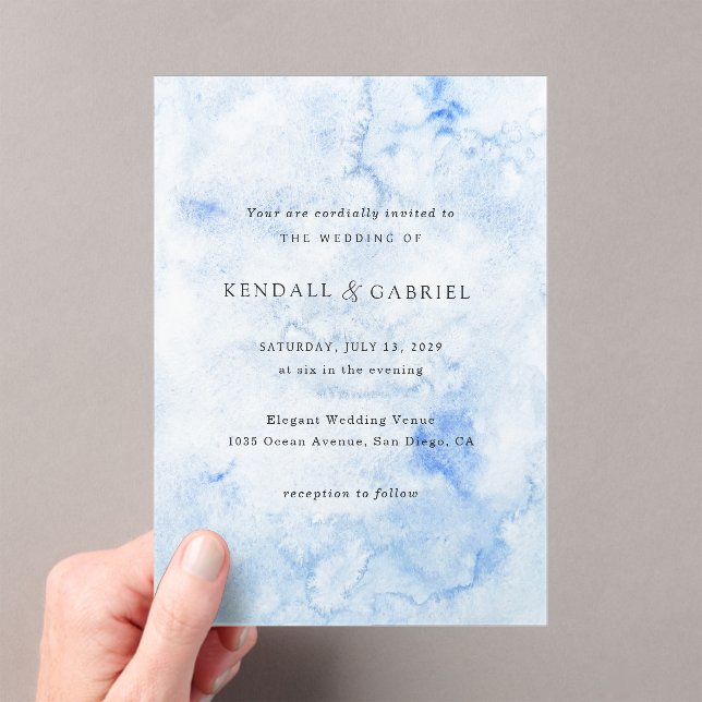 Kendall Blue Watercolor Elegant Wedding Acrylic Invitations (Insitu (Handheld))