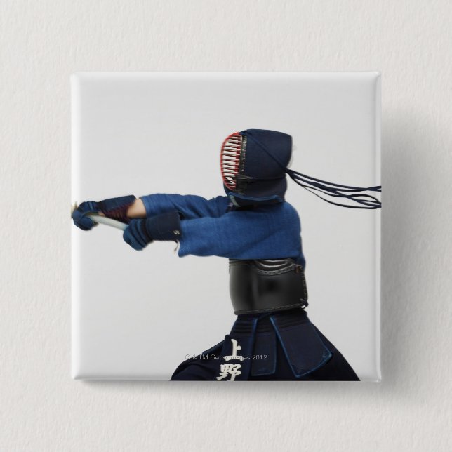 Kendo Fencer Practicing 2 Inch Square Button (Front)